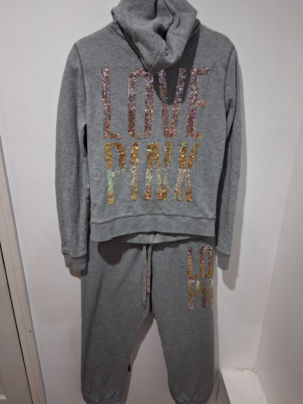 VINTAGE Victoria Secret Pink Grey Hoodie And Joggers W/ Sequins- Medium